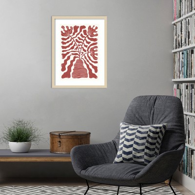 Red and White Abstract Botanical Print with Natural Wood Frame