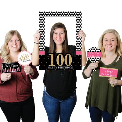 Big Dot of Happiness Chic 100th Birthday - Pink, Black and Gold - Birthday Party Selfie Photo Booth Picture Frame & Props - Printed on Sturdy Material