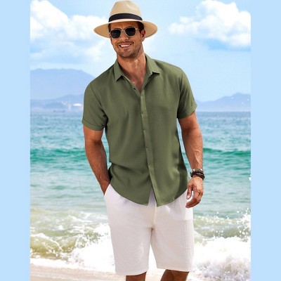 COOFANDY Men's Linen Short Sleeve Casual Button Down Beach Summer Wedding Shirt