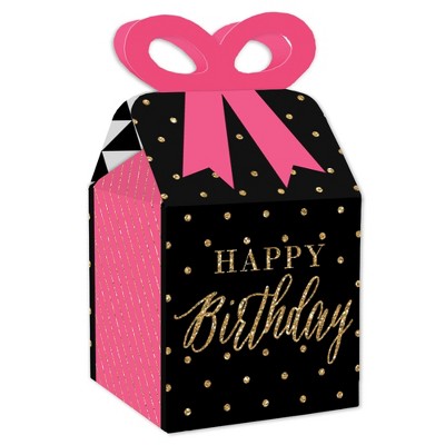 Big Dot of Happiness Chic Happy Birthday - Pink, Black and Gold - Square Favor Gift Boxes - Birthday Party Bow Boxes - Set of 12