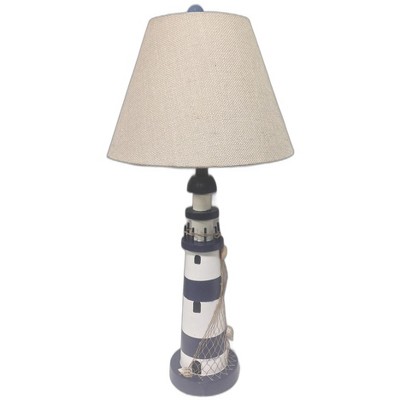 HomeRoots Set of Two 30" Blue And White Lighthouse USB Table Lamps With Cream Cone Shade