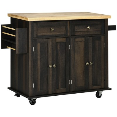 Homcom Kitchen Island On Wheels, Rolling Cart With Rubber Wood Top ...