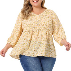 Agnes Orinda Women's Plus Size Floral V Neck 3/4 Lantern Sleeve Flowy Casual Babydoll Blouses - 1 of 4