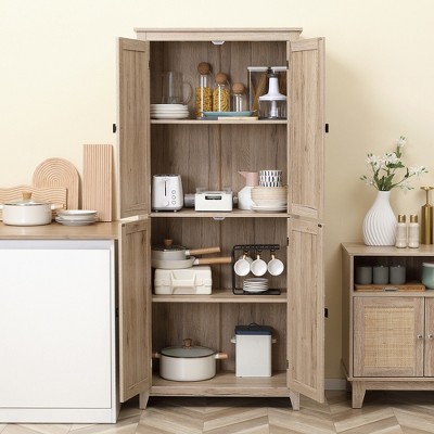 Natural Medium Wood Freestanding Kitchen Pantry Cabinet with Adjustable Shelves