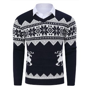 BLUEMING Men's Christmas Sweaters Reindeer & Snowflake V-Neck Sweater Thermal-Lock Knit Holiday Pullover - 1 of 4