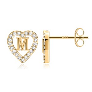 Turandoss Heart Initial Stud Earrings - Gifts for Girls, Sterling Silver Post 14K GoTurandossld Plated All Over Hypoallergenic - 1 of 4