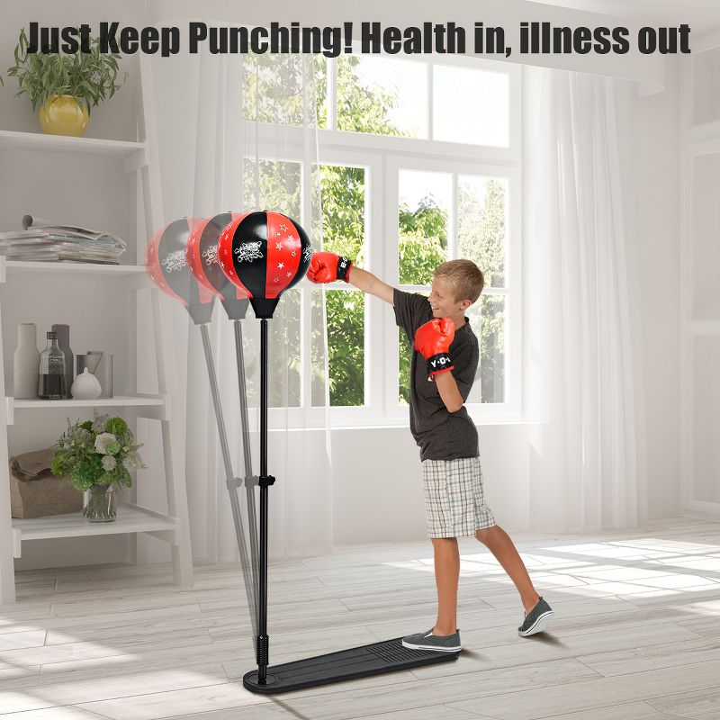 Costway Kids Punching Bag w/Adjustable Stand Boxing Gloves Boxing Set, Red, 3 of 11