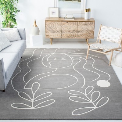 Art Deco Inspired Hand Tufted Wool Square Rug in Gray