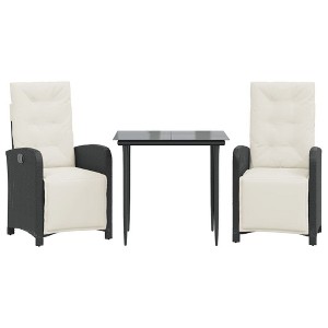 vidaXL 3-Piece Bistro Set with Cushions - Black Poly Rattan Reclining Chairs & Glass Tabletop, Adjustable, for Garden/Patio/Balcony - 1 of 4