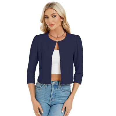 Coolmee Women's 3/4 Sleeve Cropped Coat Lightweight Notch Collar Blazer Jacket Business Casual