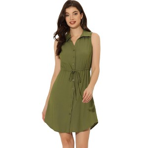 Allegra K Women's Collar Button Down Tie Waist Mini Chambray Shirt Dress - 1 of 4