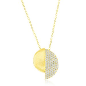 Bella Silver Sterling Silver Half Brushed & Half Micro Pave CZ Necklace - Gold Plated - Gold - 1 of 2