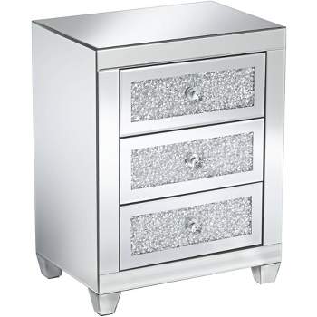 Studio 55D Gia Modern Mirrored Rectangular Accent Side End Table 20" x 14" with 3-Drawer Silver Glass Crystal for Living Room Bedroom Bedside Entryway