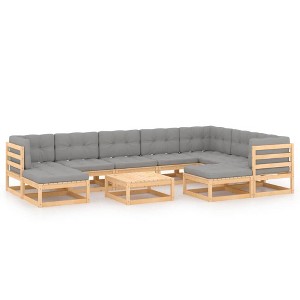 vidaXL Patio Furniture Set 10 Piece Outdoor Sectional Sofa Solid Wood Pine - Natural With Cushions - 1 of 4