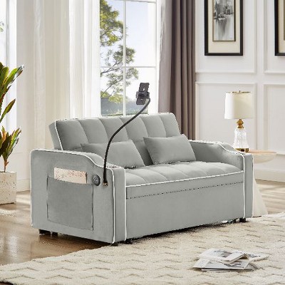 CAVINAS Modern Sofa Velvet Pull-Out Bed, Foldable Sofa Bed, Adjustable Back and with USB Port and Ashtray and Swivel Phone Stand