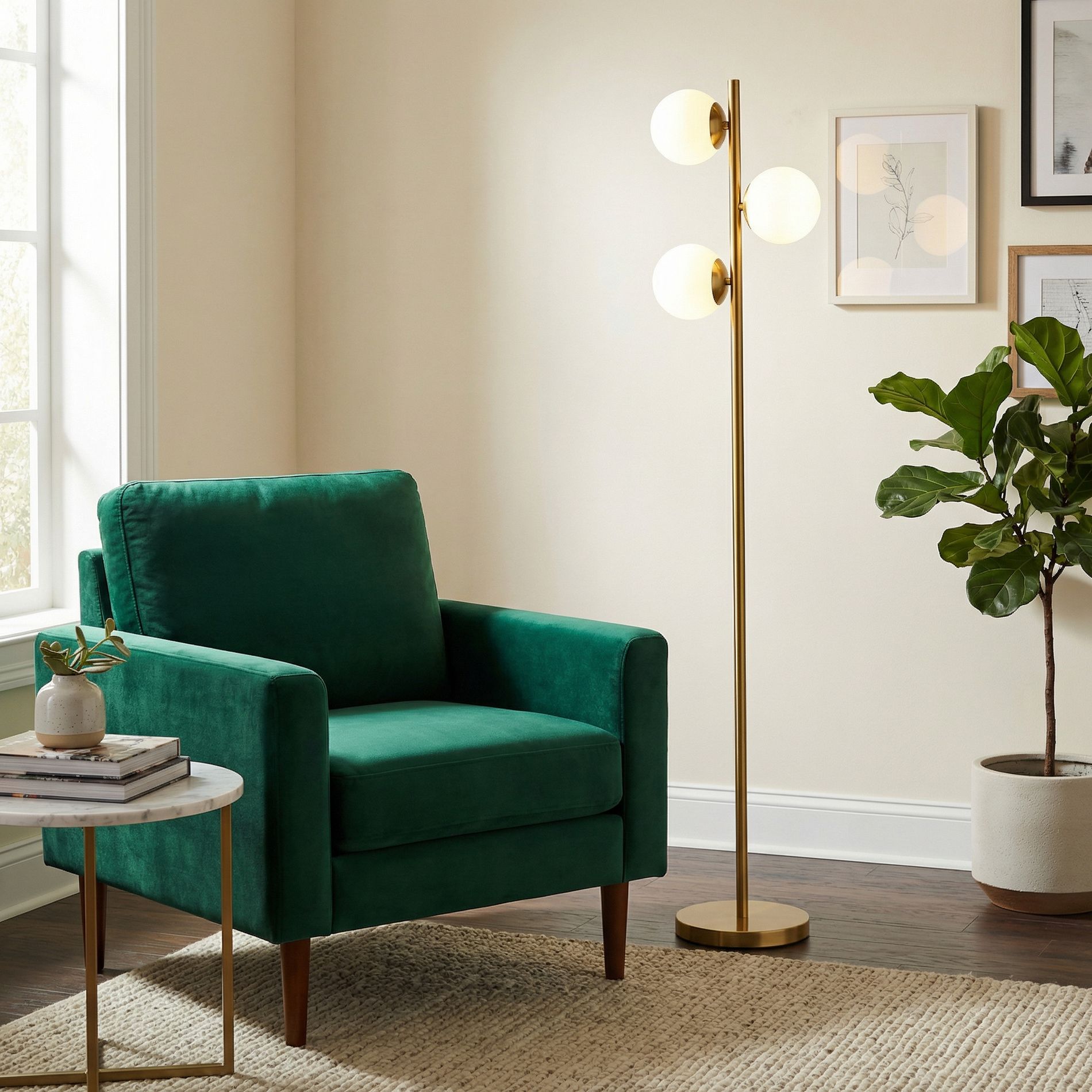 LOVSON Modern Gold Brush Floor Lamp with Opal Glass Shade & Round Metal Base