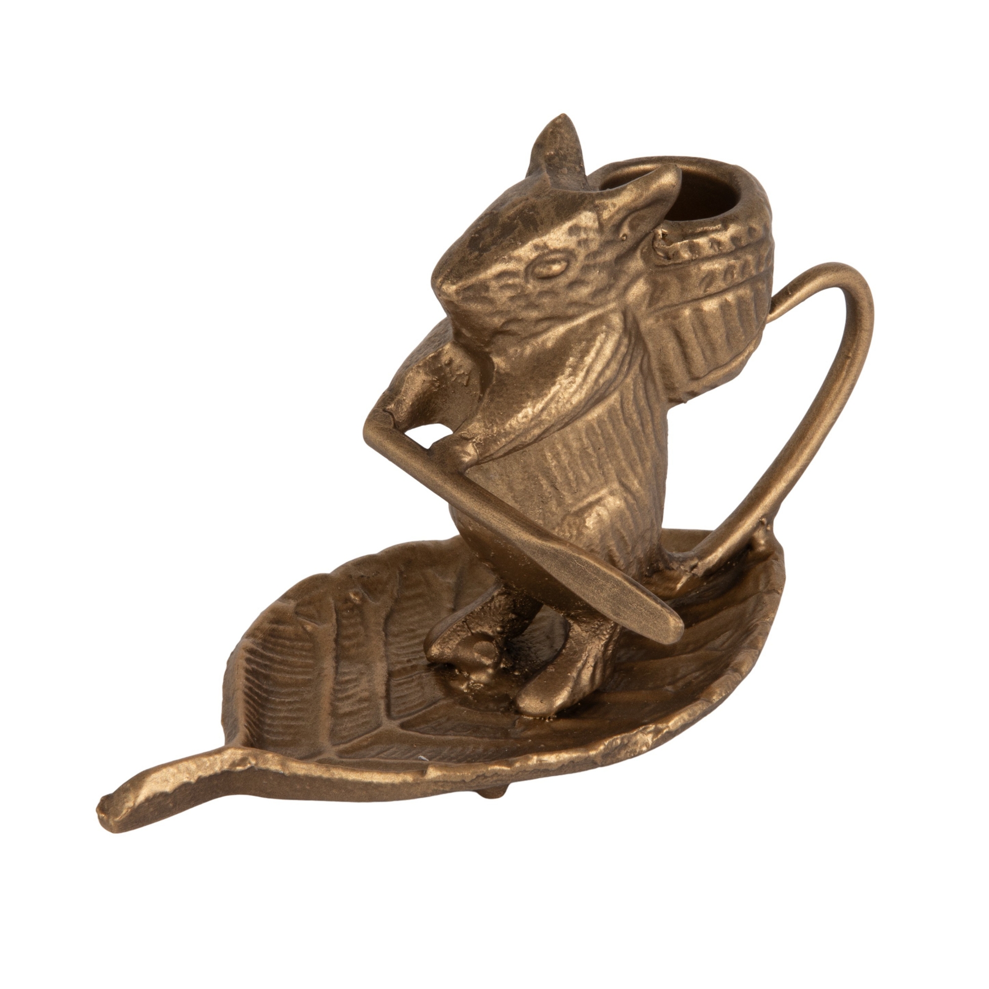 Storied Home Mouse-on-Leaf Cast Metal Taper Holder, Antique Gold