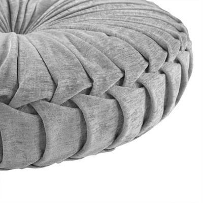 Gray Poly Chenille Round Floor Pillow with Tufted Button