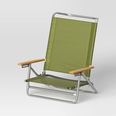 Recycled Fabric 5 Position Aluminum Outdoor Portable Beach Chair with Wood Arms Green - Threshold&#8482;_1