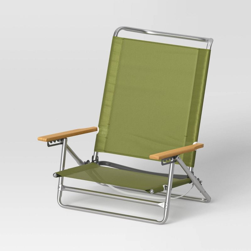 Recycled Fabric 5 Position Aluminum Outdoor Portable Beach Chair with Wood Arms Green - Threshold&#8482;, 1 of 8