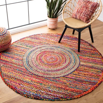 Handmade Braided Cotton Round Area Rug, Red, 59" Diameter