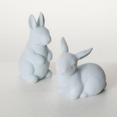 Sullivans 5.5" & 4.25" Blue Velveteen Bunny Set of 2, Ceramic
