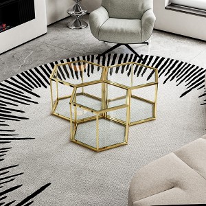 3pcs Small Stainless Steel Coffee Table with Double-Layer Tempered Glass and Polygonal Design for Living Room - 1 of 4