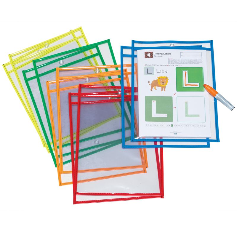 Pacon® Dry Erase Pockets, 5 Assorted Bright Colors, 10" x 13-1/2", 10 Pockets, 1 of 2