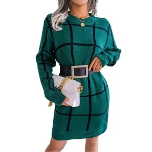 Coolmee Women's Sweater Dress Winter Cable Knit Crewneck Lantern Sleeve Pullover Sweaters - 1 of 4