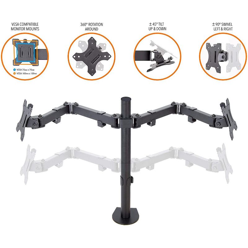 Dual Monitor Mount – Clamp-On Monitor Arm with 2 Adjustable VESA Mounts – Black – Stand Steady, 4 of 9