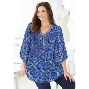 Catherines Women's Plus Size Bejeweled Pleated Blouse - 1 of 4