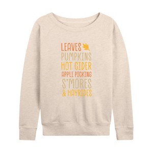 Women's - Instant Message - Fall Bucket List Leaves, Pumpkins, Hot Cider Lightweight French Terry Wide Neck Long Sleeve Shirt - 1 of 4