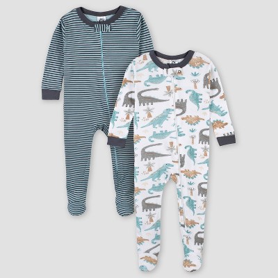 Image of Gerber Baby Boys' 2pk Dinosaur Snug Fit Footed Pajama - White/Blue 3M