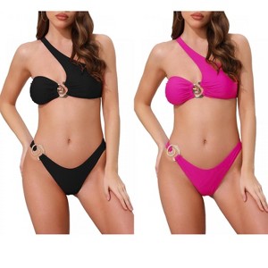 INSPIRE CHIC Women's Asymmetric One Shoulder Metallic Decoration Triangle Bottom Swimwear Bikini Suits 2 Sets - 1 of 4