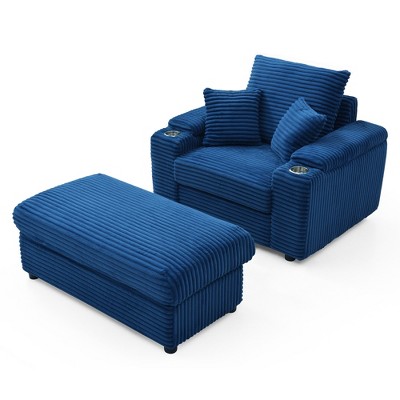 VYNXARIA Oversized Accent Chair with Ottoman, Single Sofa Chair with Large Seat and Extra Wide Armrests,Blue
