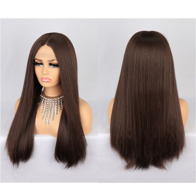 Unique Bargains Lace Front Wigs, Heat Resistant Long Straight Hair for Girl Daily Use Synthetic Fibre Dark Brown 26", 3 of 7