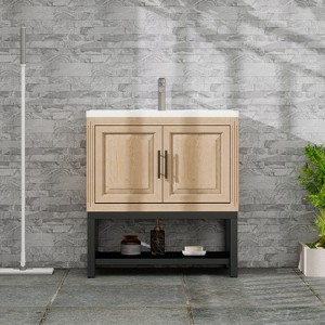 Vynxaria 32" Bathroom Vanity with White Ceramic Sink & Hot and Cold Faucet , Freestanding Bathroom Cabinet with 2 Storage Doors - 1 of 4