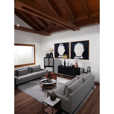 34" Round Brown Wood and White Marble Coffee Table