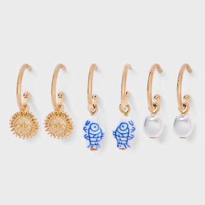 Fishing Day Hoop Earring Set 3pc - Universal Thread™ Gold