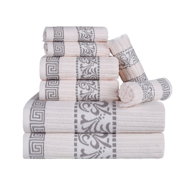 100% Cotton Medium Weight Floral Border Infinity Trim 8 Piece Assorted Bathroom Towel Set by Blue Nile Mills, 1 of 7