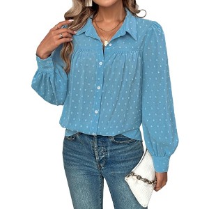Women's Lapel Collar Shirt Casual Loose Fit Long Sleeve Blouse with Dot - 1 of 4