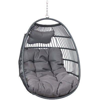 Sunnydaze Outdoor Resin Wicker Julia Hanging Basket Egg Chair Swing with Cushions and Headrest - Gray - 2pc