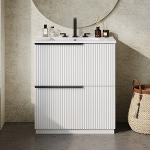 Lyngins Modern Fluted Design Freestanding Vanity, Bathroom Vanity with Ceramic Sink, Dual-Tier Split Full-Extension Drawers - 1 of 4