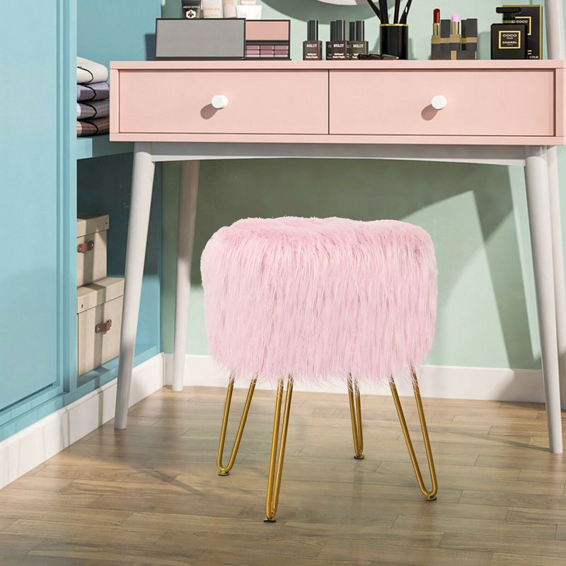 Costway Faux Fur Vanity Chair Makeup Stool Furry Padded Seat Round Ottoman Pink/White, 3 of 15