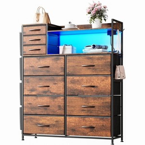 Fabric Dresser with LED Lights & Charging Station - 11-Drawer Storage Organizer, Hooks & Wood Top, Rustic Wood - 1 of 4