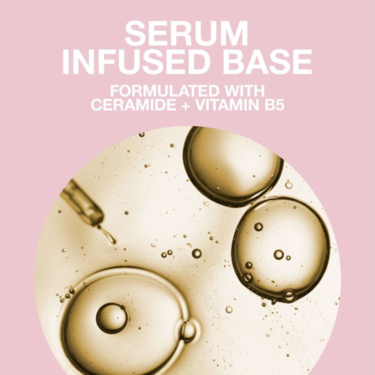 Serum infused base with ceramide and vitamin B5, featuring a dropper and bubbles on a pink background.