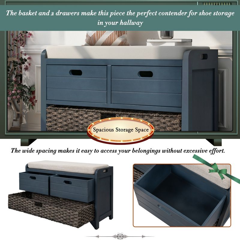 Entryway Storage Bench with Removable Basket and 2 Drawers, Fully Assembled Shoe Bench with Removable Cushion-ModernLuxe, 4 of 11