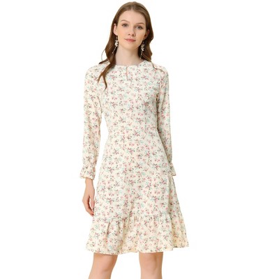 Allegra K Women's Floral Long Sleeve Printed Elastic Waist Ruffle Hem Knee Length Dress