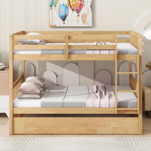 Sapphtopaz Space-Saving Full Over Full Bunk Bed with Twin Trundle, Simple Rubber Wood Bed Frame with Ladder and Guardrails for Bedroom, Kids Room - 1 of 4