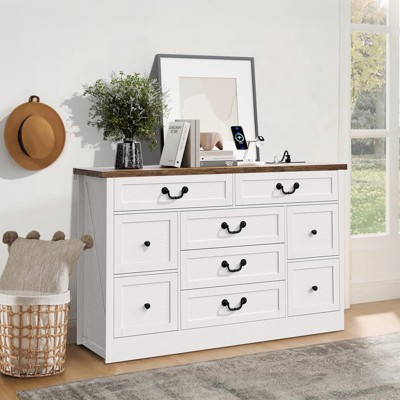 Farmhouse 9-Drawer Dresser with Charging Station, 54" Wide Wood Chest of Drawers with Metal Handles, Vintage TV Stand for Bedroom & Living Room